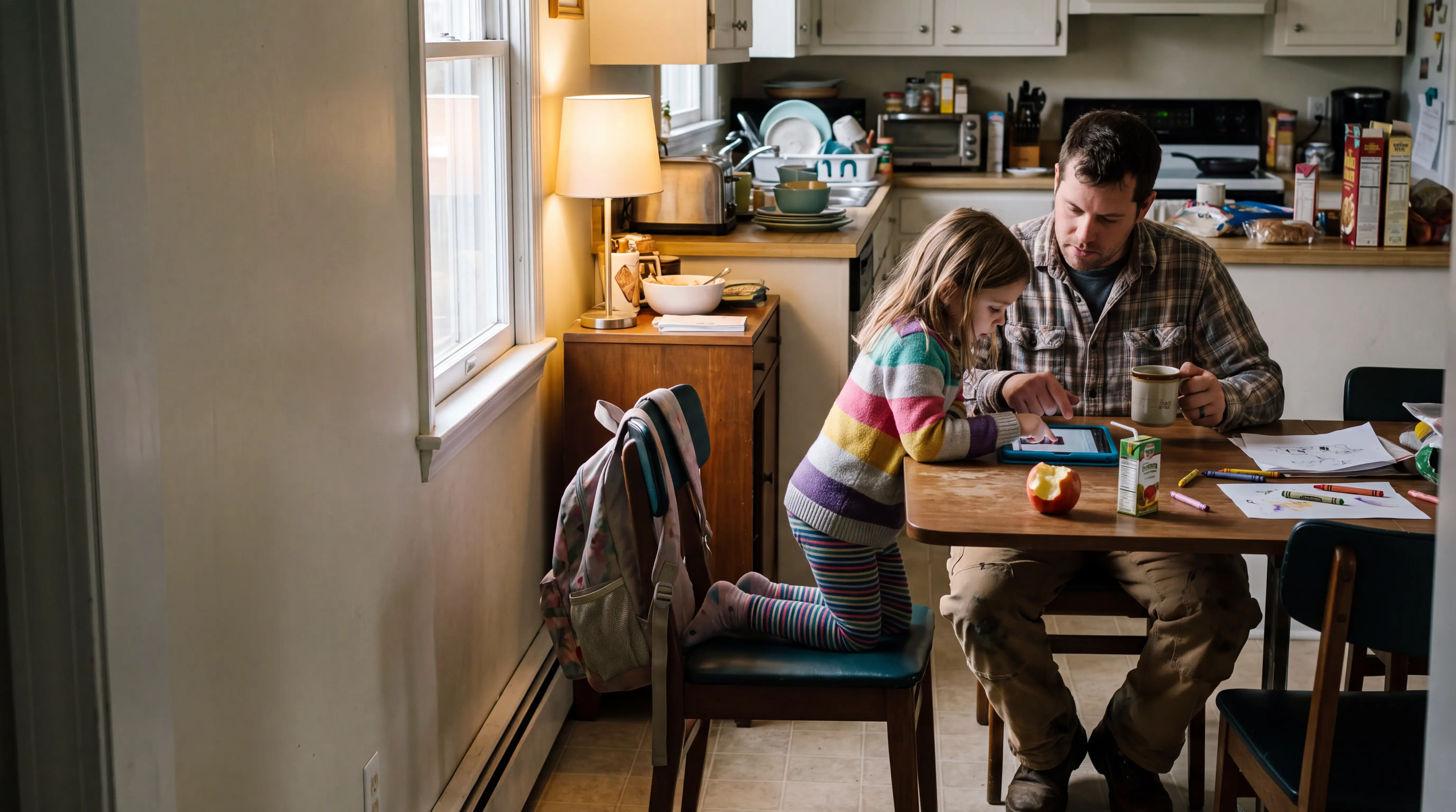 A dad and daughter using an iPad at the kitchen table after school